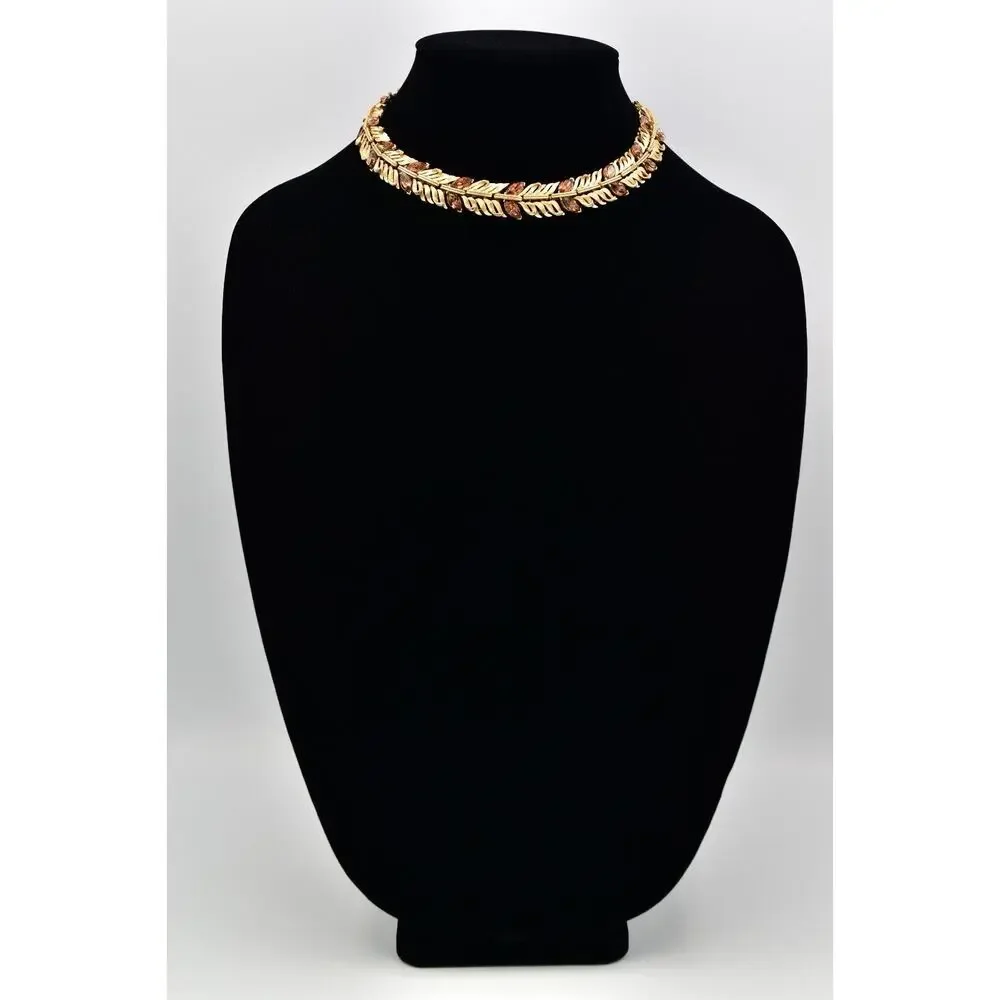 Lisner Vintage Choker Collar Necklace Crystal Brushed Gold Chunky Signed BinBJ
